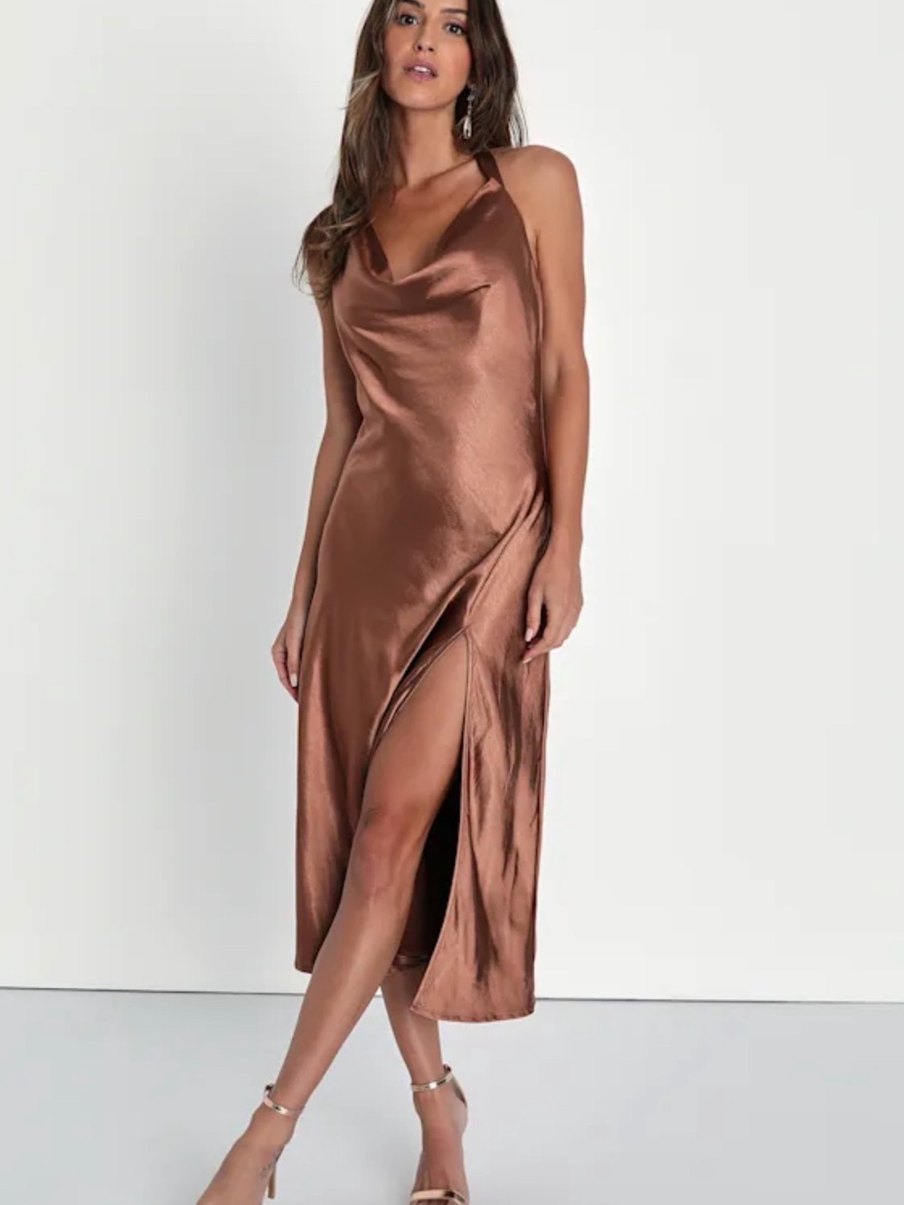 Lulus Satin Brown Backless Midi Dress with Side Slit size Medium